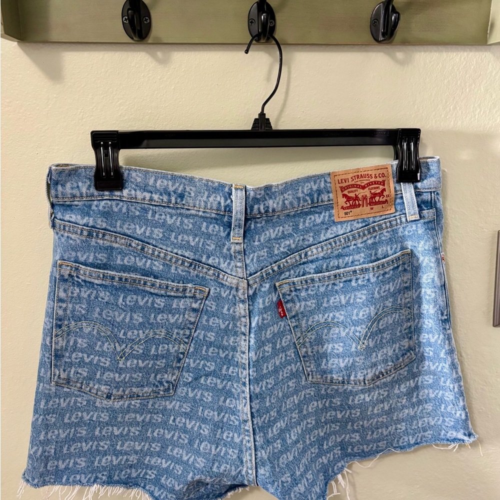 Levi's Blue High Waited, Cut-Off Jean Shorts with Raw Hem and Button Fly.